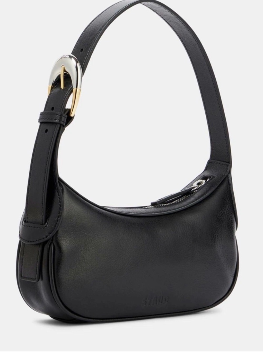 STAUD Black Leather Shoulder Bag with Gold & Silver Buckle